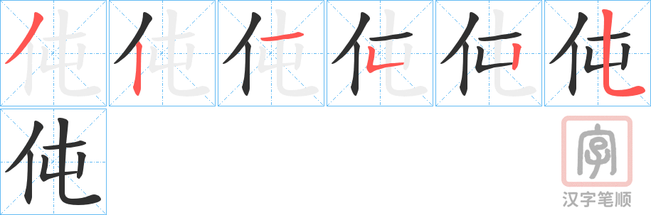 《伅》的笔顺分步演示（一笔一画写字）
