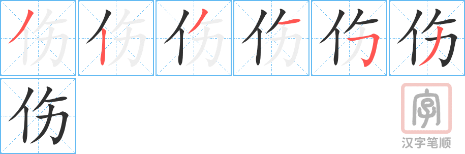 《伤》的笔顺分步演示（一笔一画写字）