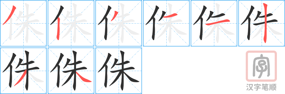 《侏》的笔顺分步演示（一笔一画写字）