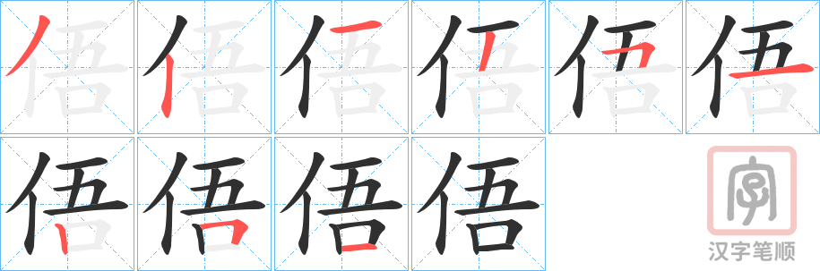 《俉》的笔顺分步演示（一笔一画写字）