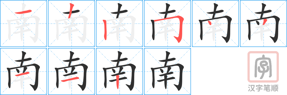 《南》的笔顺分步演示（一笔一画写字）