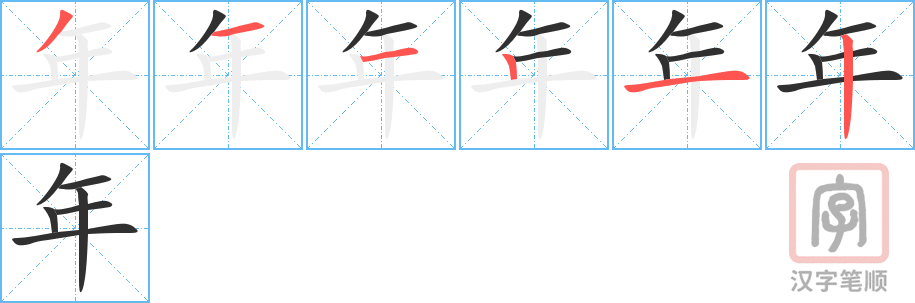 《年》的笔顺分步演示（一笔一画写字）