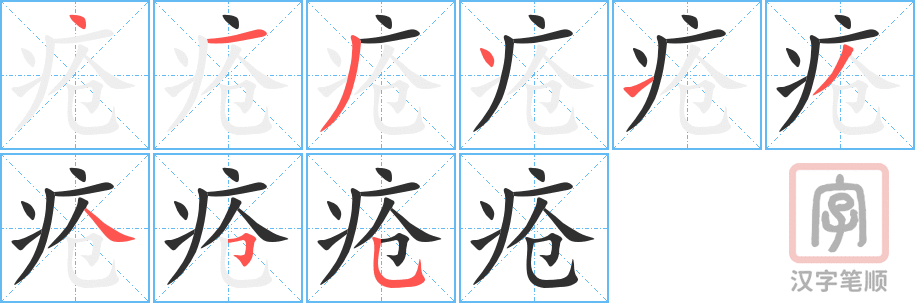 《疮》的笔顺分步演示（一笔一画写字）
