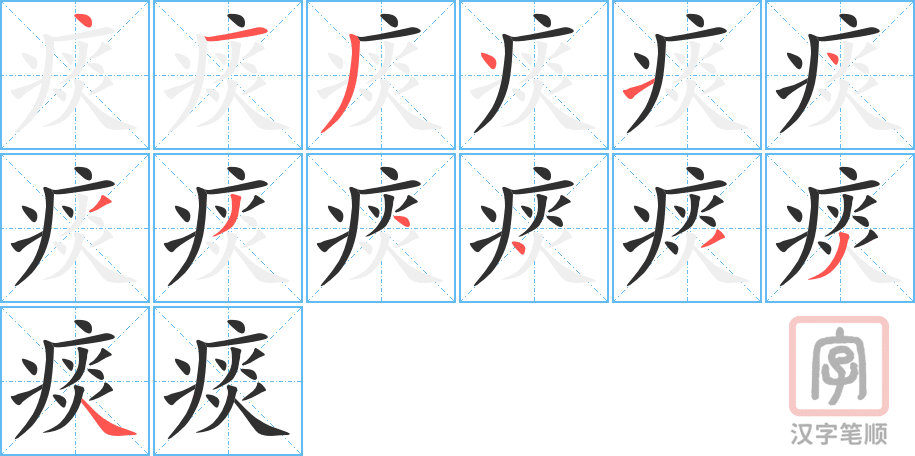 《痰》的笔顺分步演示（一笔一画写字）
