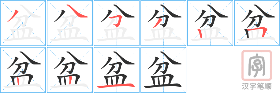 《盆》的笔顺分步演示（一笔一画写字）