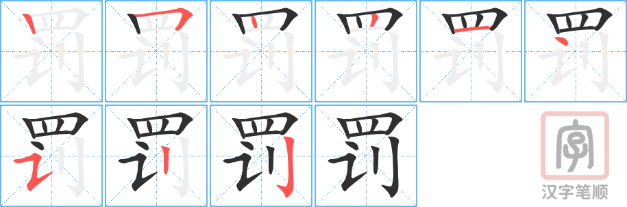 《罚》的笔顺分步演示（一笔一画写字）