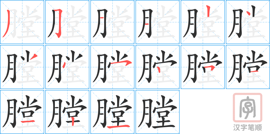 《膛》的笔顺分步演示（一笔一画写字）