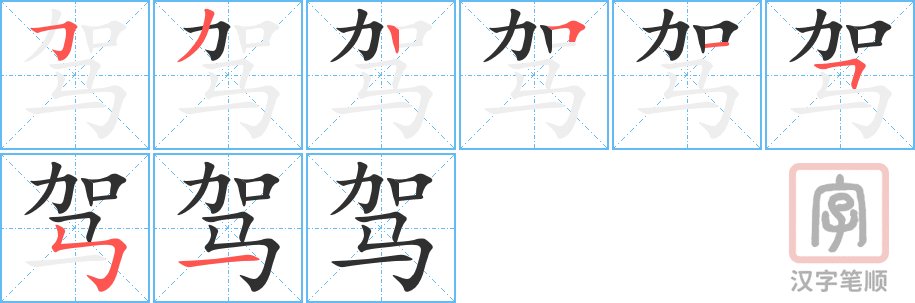 《驾》的笔顺分步演示（一笔一画写字）