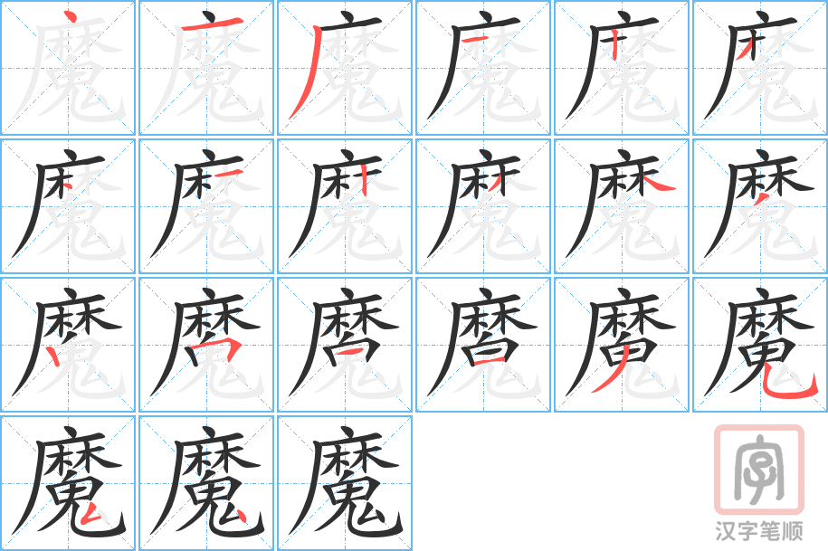 《魔》的笔顺分步演示（一笔一画写字）